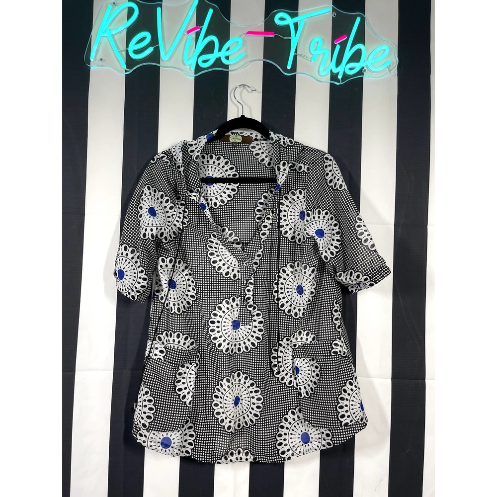 ANTHROPOLOGIE EVA FRANCO Polka Dots Floral Short Sleeve Hoodie Black Size 8